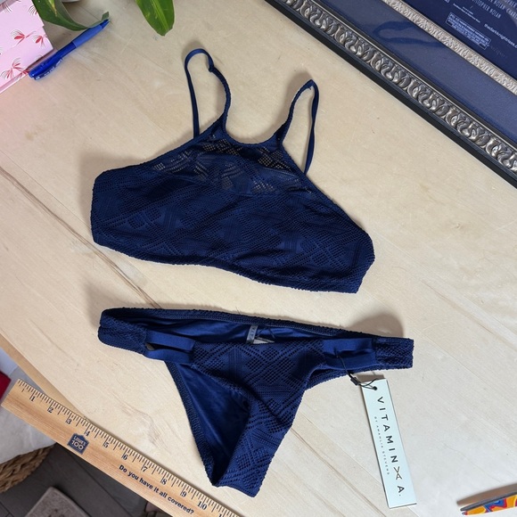 Vitamin A Navy Blue Nightbird Crochet Two Piece Bikini Swim Suit - New - Picture 3 of 7
